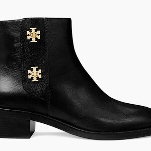 Tory Burch Black Leather Ankle Boot with Gold Emblem